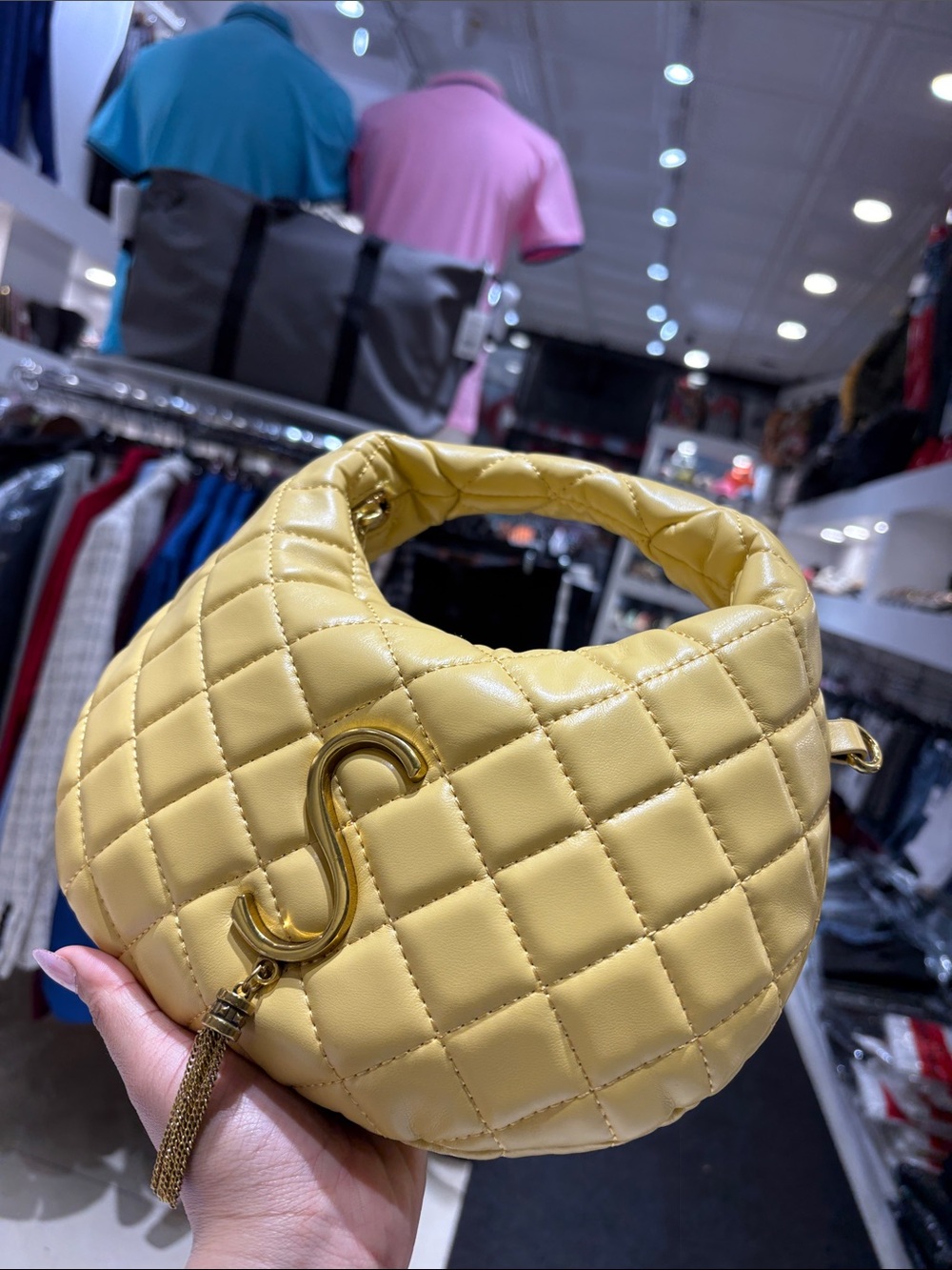 Yellow Quilted Hobo Bag with Gold S Accent